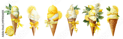 Lemon sorbet and ice cream scoops watercolor collection, creating refreshing summer dessert illustrations with waffle cones, citrus slices, and green leaves