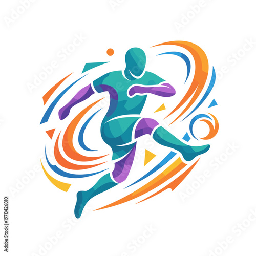 Dynamic soccer player executing a powerful kick with colorful swirling abstract shapes