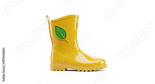 Yellow rubber rain boot with leaf emblem for nature and outdoor gear