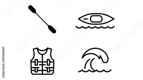 Kayaking Essentials: This image features essential kayaking equipment: an iconic kayak, a paddle, a life vest, and a depiction of a wave, all meticulously illustrated in minimalist black lines.