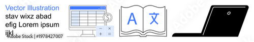 Business analysis, education, technology tools, translation, data management, digital learning. Monitor with a spreadsheet, book with language symbols and laptop icon. Business analysis