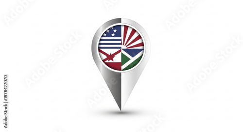 Map pin icon featuring stylized combined national flags in circular design