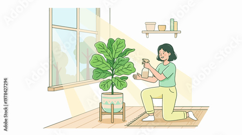 Happy Woman Spraying Water on Potted Fiddle Leaf Fig Plant at Home for Indoor Gardening and Plant Care Lifestyle Illustration