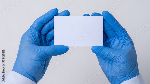 Hands in blue medical gloves holding a blank white card for text or design