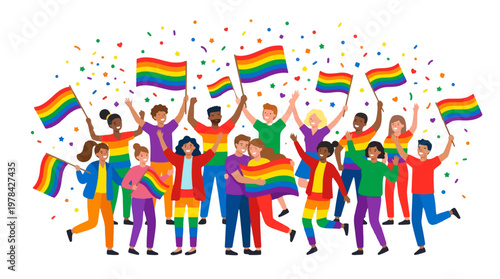 Diverse Group of Happy People Celebrating with Rainbow Pride Flags and Confetti for Inclusive Community Events and Social Equality