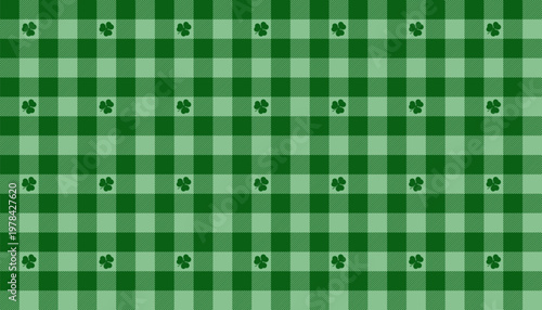Green Irish gingham plaid seamless pattern with clover. Abstract vector illustration