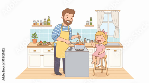 Happy Father Cooking Dinner with Little Daughter in Kitchen for Family Meal Preparation and Bonding Time Together at Home