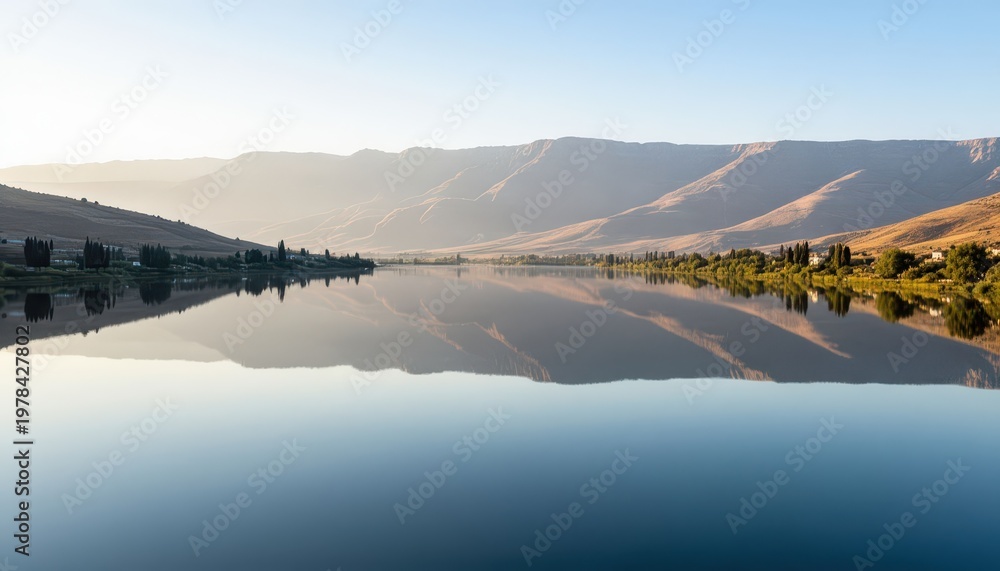 Obraz premium a calm lake reflecting surrounding mountains and trees. The mountains and trees create a serene setting near the lake.