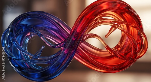 Vibrant red and blue glass sculptures intertwined in infinity symbol abstract art with blurred background