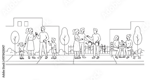 Friendly people in a neighborhood community greeting and talking on the street showing social neighbor interaction