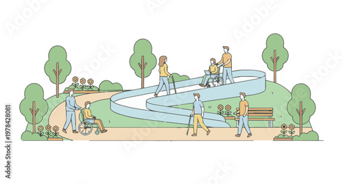 People helping with inclusive disability support for mobility showing an accessible wheelchair ramp in a public park