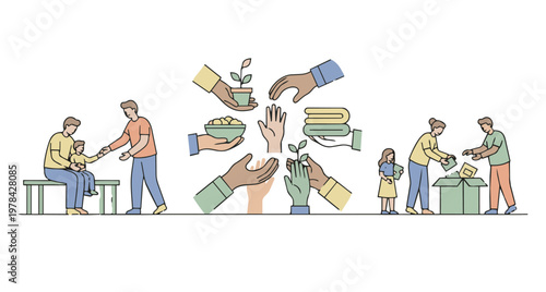 Hands sharing and giving charity donation of food and clothes showing community support, care, and exchange helping others