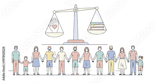 Illustration concept of justice and equality highlighting education and compassion on a balance scale above people holding hands in unity representing community diversity
