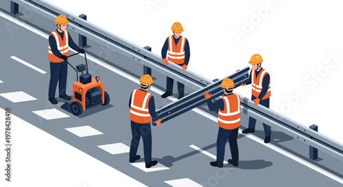 Workers in safety vests installing road barrier on highway with equipment
