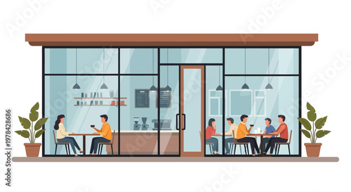 Flat illustration of people working and socializing inside a modern cafe with large glass windows and a warm atmosphere.