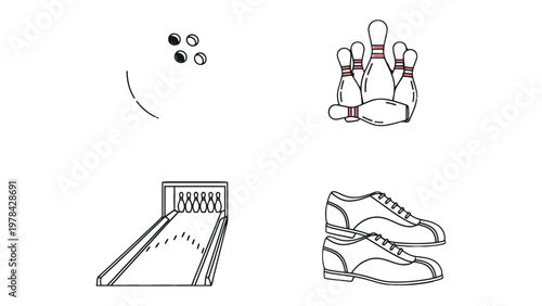 Bowling Essentials Illustration: This illustration captures all the essential components of bowling, from the ball and pins to the lane and shoes, creating a comprehensive and engaging view.