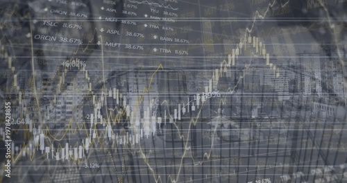 Animation of financial data and graphs over supermarket cart