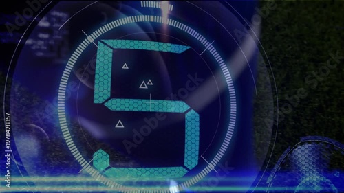 Animation of counting, data processing and soccer ball on navy background