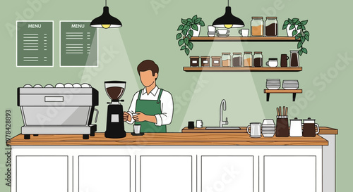 Illustration of a barista preparing coffee in a modern cafe with green walls and shelves of coffee supplies.