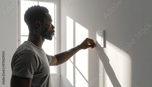Man Adjusting Thermostat in Sunlit Room - Energy Efficiency.