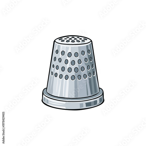 Shiny metal thimble with many small holes for sewing and crafting protection