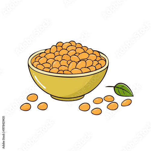 Illustration of a yellow bowl overflowing with cooked lentils and scattered legumes with a green leaf