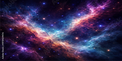 A vast galaxy background featuring a cosmic nebula and glowing stars captures the infinite beauty of the universe through an ethereal science fiction illustration of a deep space night sky