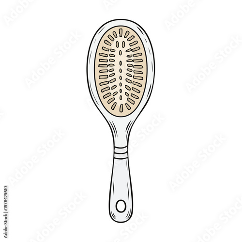 Simple Hand Drawn Oval Hair Brush with Handle Isolated on White