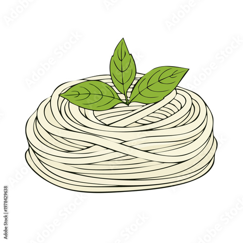 Hand-drawn pasta nest with fresh basil leaves, Italian food illustration