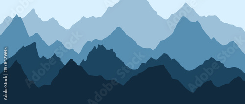 Mountain ridge silhouette with blue gradient fog creates stunning panoramic landscape vector illustration background. Perfect vector illustration for nature designs and scenic horizons.
