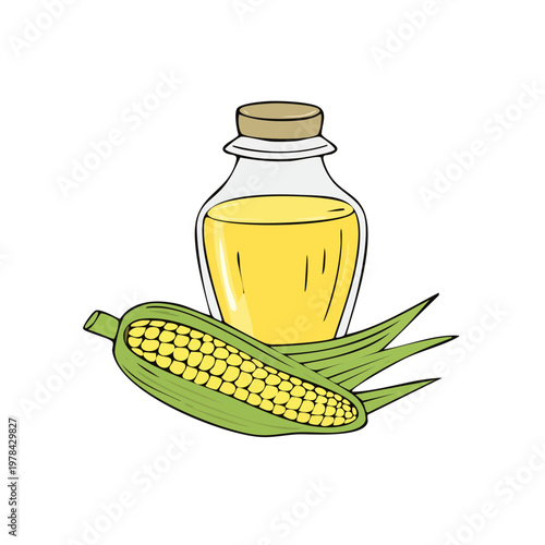 Glass bottle filled with golden liquid next to a ripe ear of corn and green husks