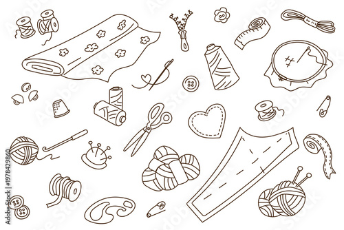 Hand Drawn Sewing and Needlework Doodle Set with Scissors Needle Thread Yarn Buttons and Tailor Tools for DIY Craft Design