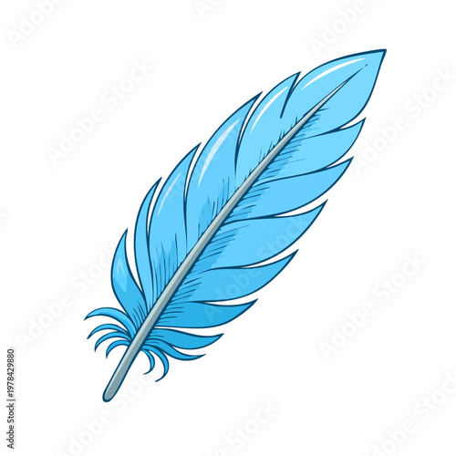 Vibrant blue feather with delicate structure and soft edges isolated on white background