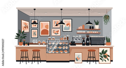 Illustration of a modern coffee shop interior with a counter, stools, and decorative artwork on the walls in a warm and inviting color scheme.