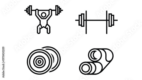 Workout Icon Set: A collection of simple, minimalistic illustrations capturing the essential elements of a fitness routine. Includes weightlifting, barbell, weight plates, and a yoga mat.