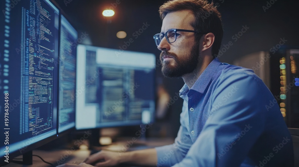 Fototapeta premium Focused programmer at night, multiple screens