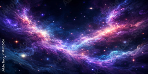 A vast deep space nebula glows with bright blue light across a dark starry starfield galaxy within the abstract cosmos of the outer universe