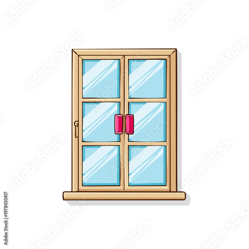 Classic wooden window with bright blue glass panes and modern red door handles