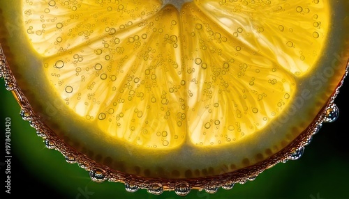 Close-up of a Refreshing Lemon Slice with Water Droplets.