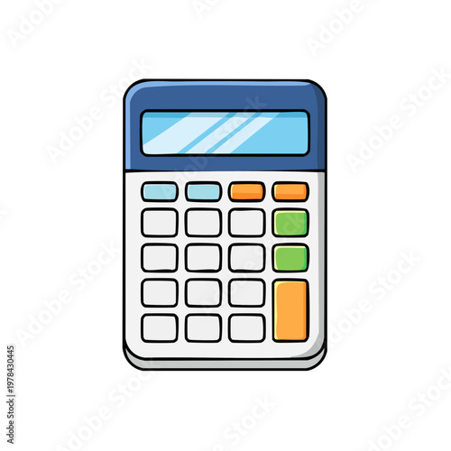 Simple cartoon electronic calculator with clear display and colorful buttons for math and calculations