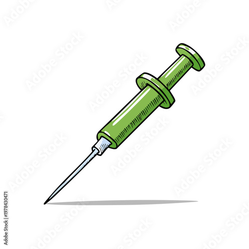 Hand drawn cartoon illustration of a green medical syringe with a needle
