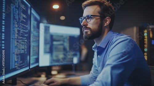 Focused programmer at night, multiple screens