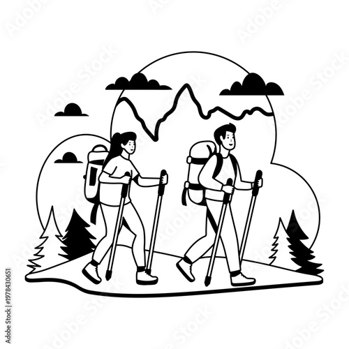 Couple hiking together illustration designed in glyph style  

