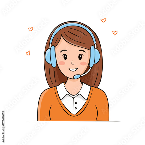 Friendly customer service operator wearing headset with microphone offering support and assistance