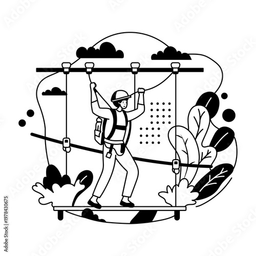 This glyph illustration shows a person navigating a challenging ropes course
