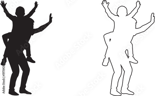 Father carrying son on his shoulders, silhouette and outline vector graphics