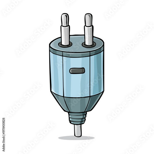 Light blue electrical plug with two prongs and a cord attachment vector illustration