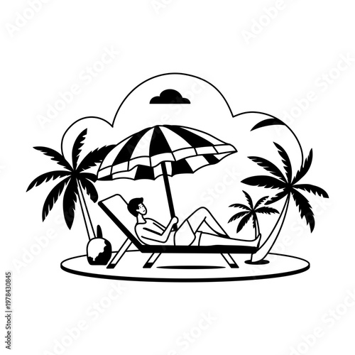 A glyph illustration shows a person sunbathing on a lounger under an umbrella

