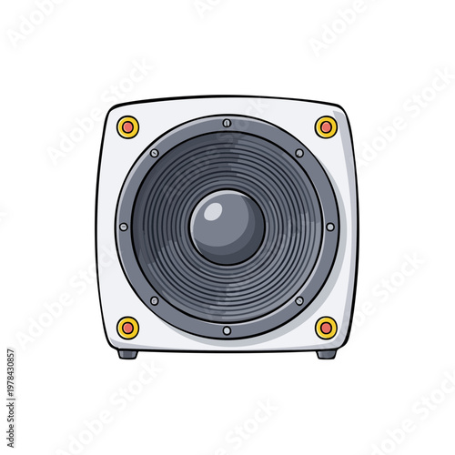 Modern white speaker cabinet with large circular woofer for powerful sound reproduction
