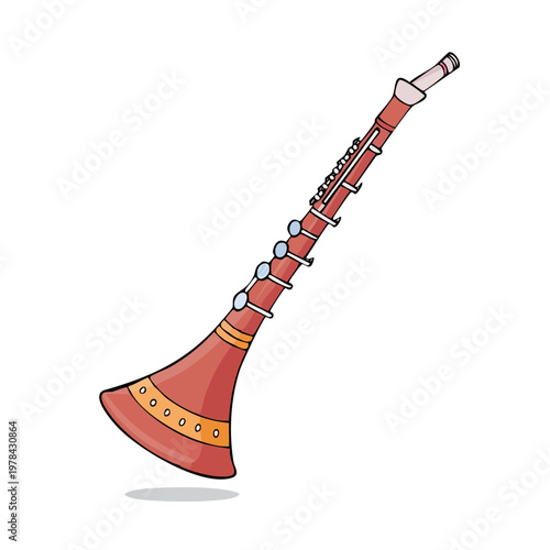 Illustration of a traditional red wind instrument with decorative bands